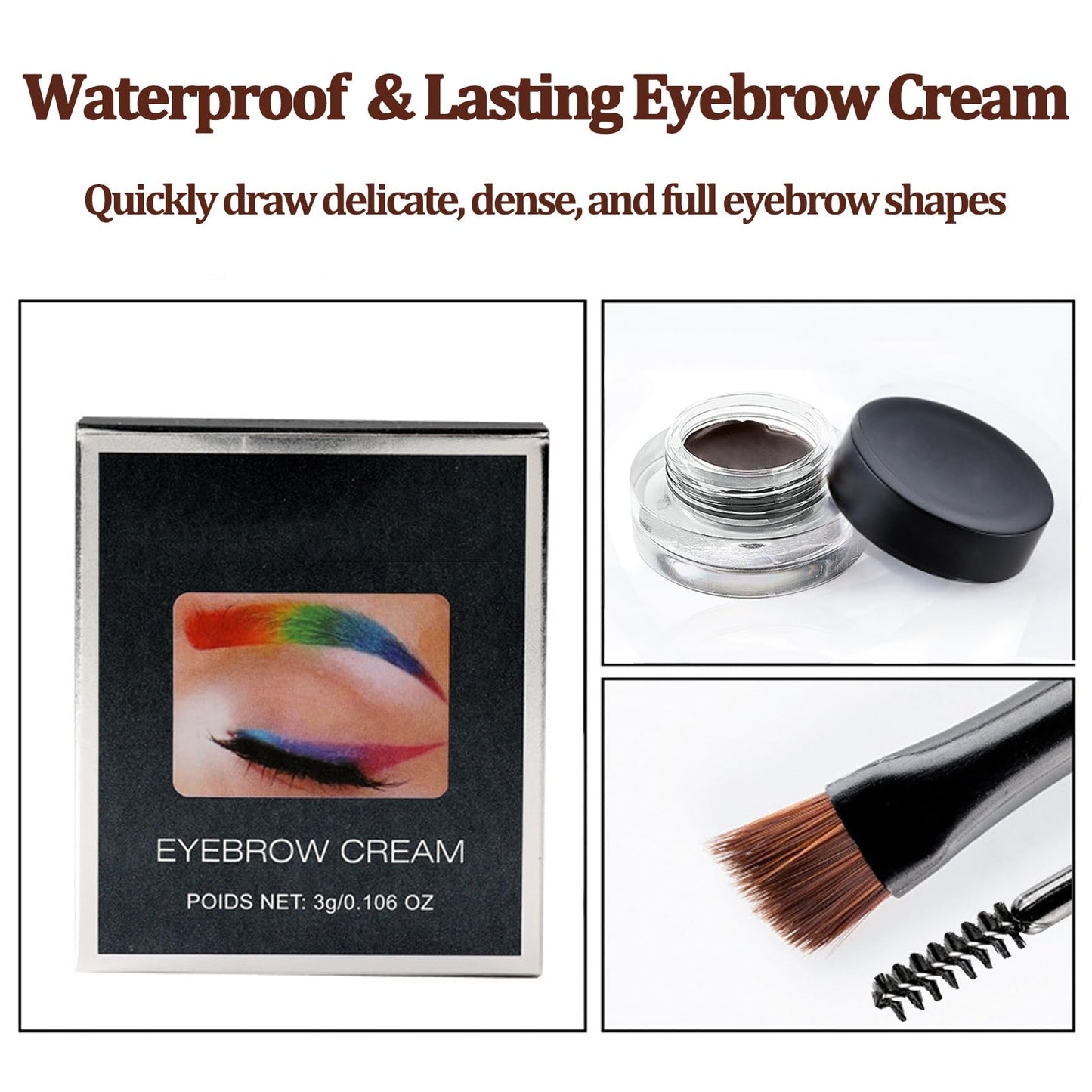 Rosarden Waterproof Brow Pomade, Black Eyebrow Cream with Eyebrow Brush, Eyebrow Gel Long Lasting Wear, Brow Pencil High Pigment, Smudgeproof, Sweatproof and Quickly Dry, Eyebrow Makeup for Women