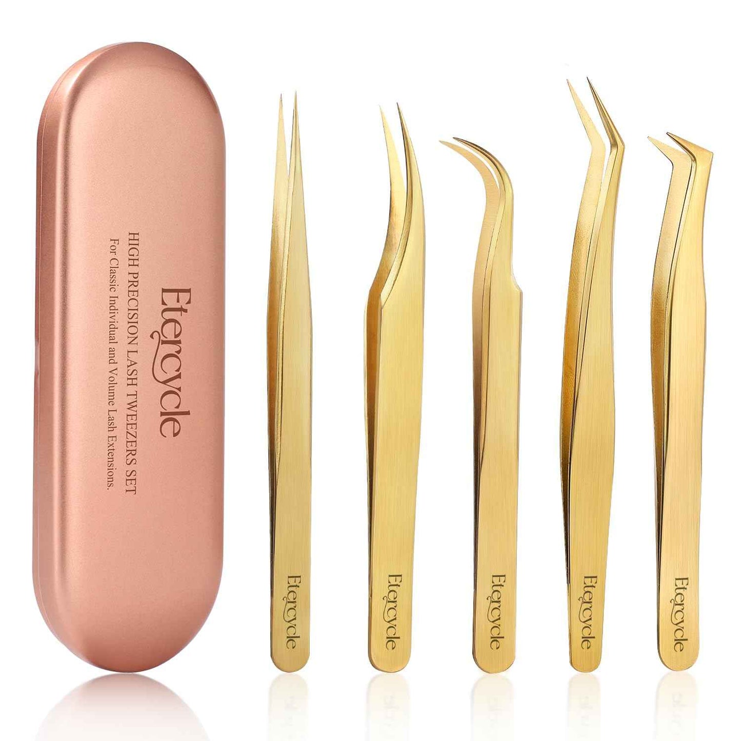 Etercycle High Precision Lash Tweezers Set - Includes 5 Stainless Steel Eyelash Tweezers for Classic Individual and Volume Lash Extensions. Complete with Storage Box