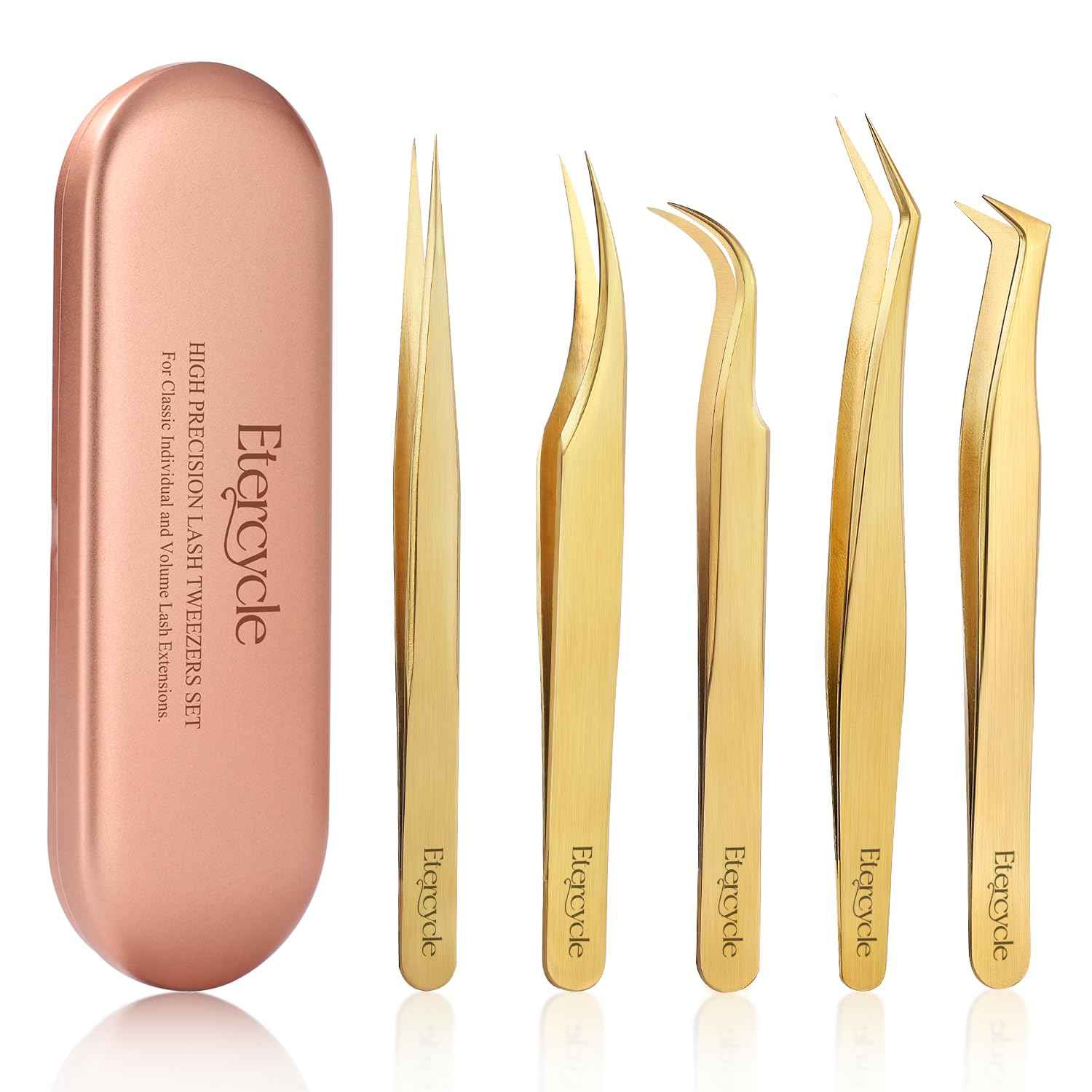 Etercycle High Precision Lash Tweezers Set - Includes 5 Stainless Steel Eyelash Tweezers for Classic Individual and Volume Lash Extensions. Complete with Storage Box