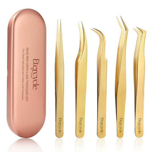 Etercycle High Precision Lash Tweezers Set - Includes 5 Stainless Steel Eyelash Tweezers for Classic Individual and Volume Lash Extensions. Complete with Storage Box