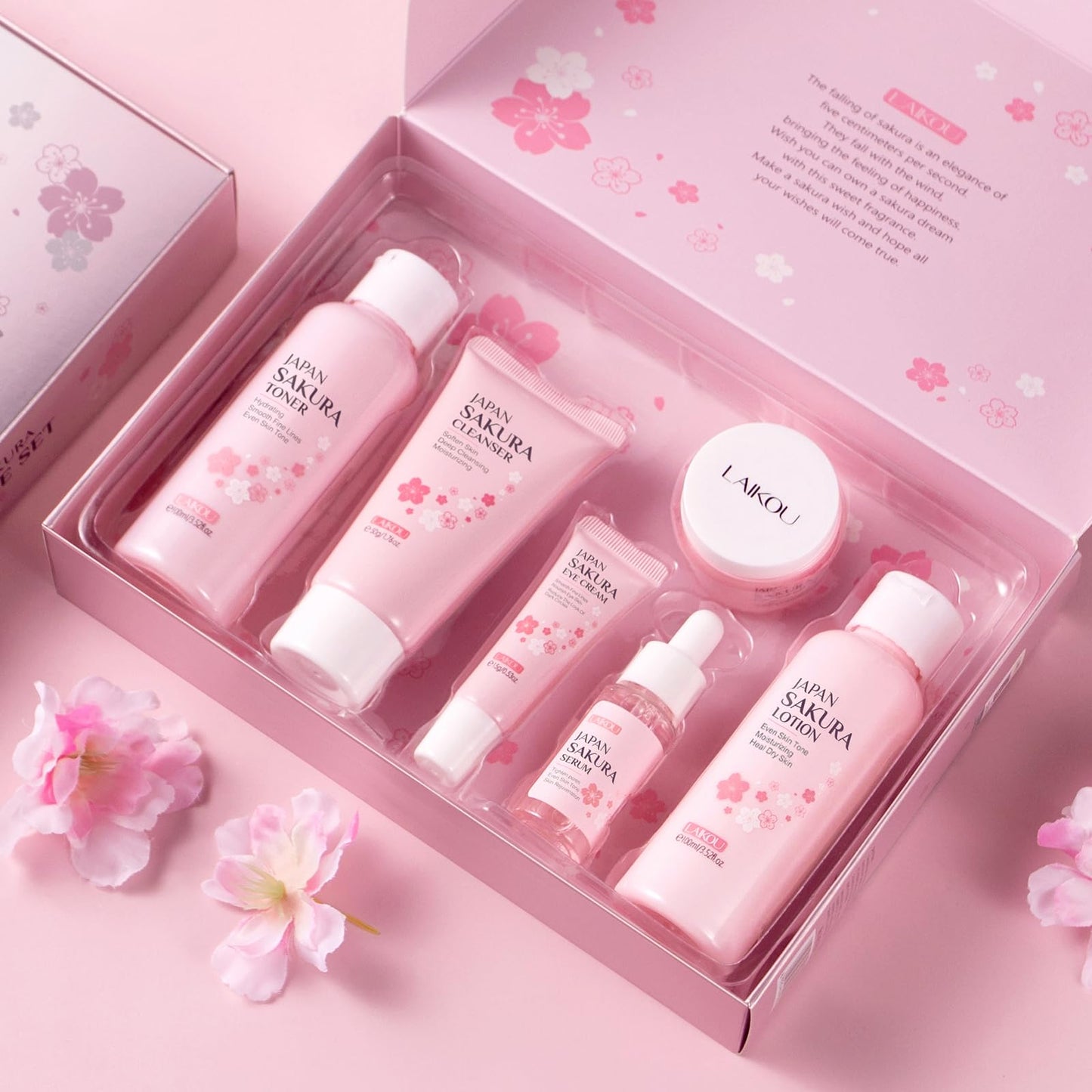 LAIKOU Skin Care Set JAPAN SAKURA Women Beauty Gift Sets Skin Care Kit with Cleanser, Toner, Lotion, Serum, Eye Cream, Face Cream Travel Kit for Women Teen Girls Mom Daughter TSA-friendly Sizes 6pcs