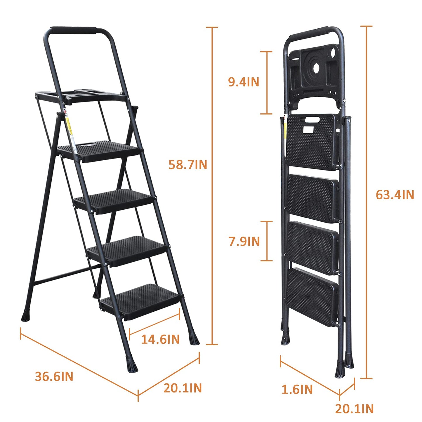 4 Step Ladder, HBTower Folding Step Stool with Tool Platform, Wide Anti-Slip Pedal, Sturdy Steel Ladder, Convenient Handgrip, Lightweight 330lbs Portable Steel Step Stool, Black