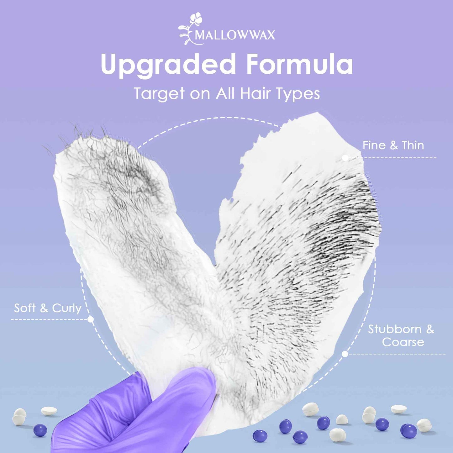 Mallowwax Hard Wax Beads, 2-Pack: 1lb Lavender for Coarse Hair Full Body, 1lb White for All Hair Types Face, Eyebrows, Brazilian Bikini, Legs, Underarms