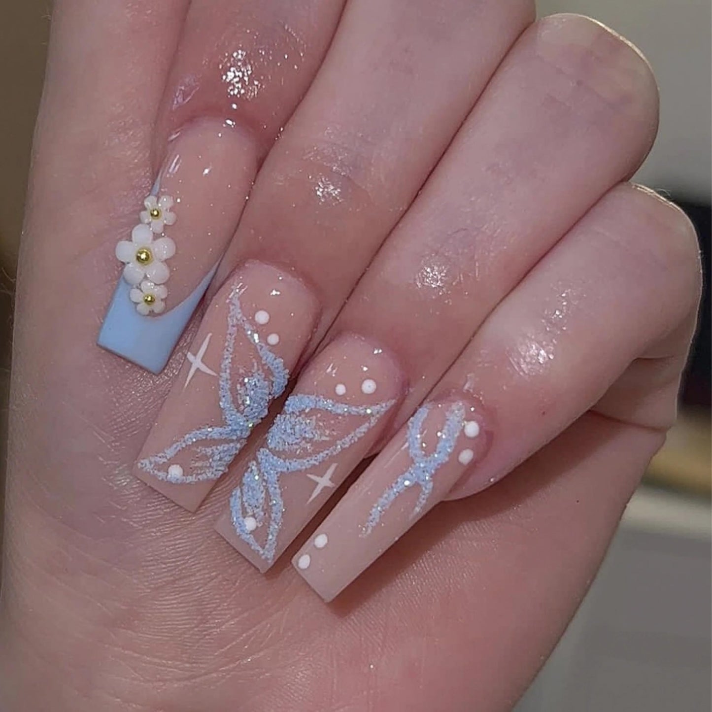 MERVF Coffin Press on Nails Long Fake Nails Blue French Tip Ballerina Glue on Nails Press ons with Glitter Butterfly Design 3D Flower Acrylic False Nails Glossy 24pcs