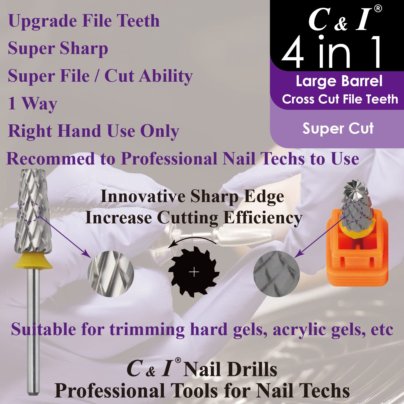 C & I Nail Drill Bit 4 in 1 Super Cut E-File, Multi-function plus Upgrade File-Teeth, Large Barrel & Cross Cut, for Manicure Drill Machine, Help Nail Tech to Remove Nail Works (Coarse-C)