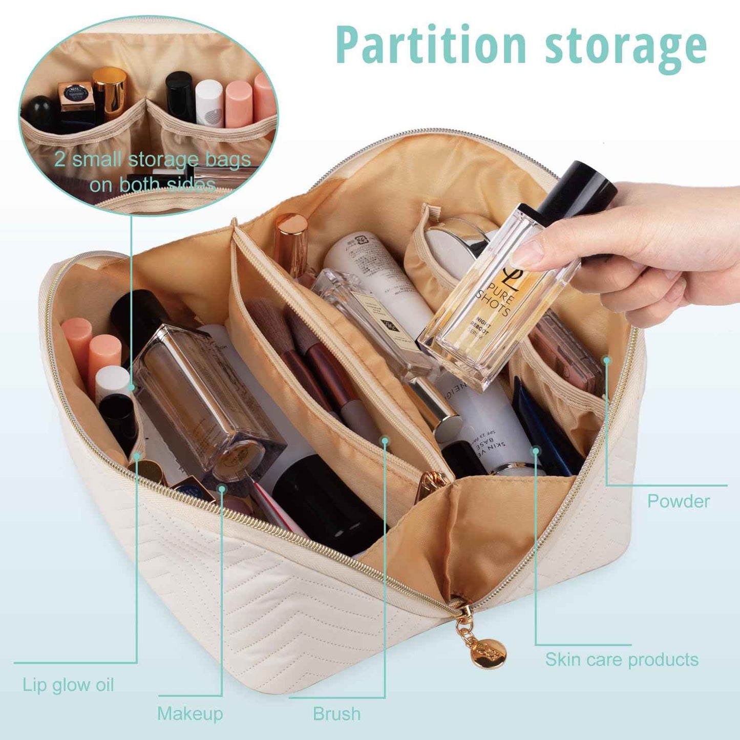 Bunnychill Makeup Bag Cosmetic Bag, Large Capacity Travel Makeup Bag for Women with Portable Pouch Open Flat Water-resistant Toiletry Organizer Bag with Handle (Beige)