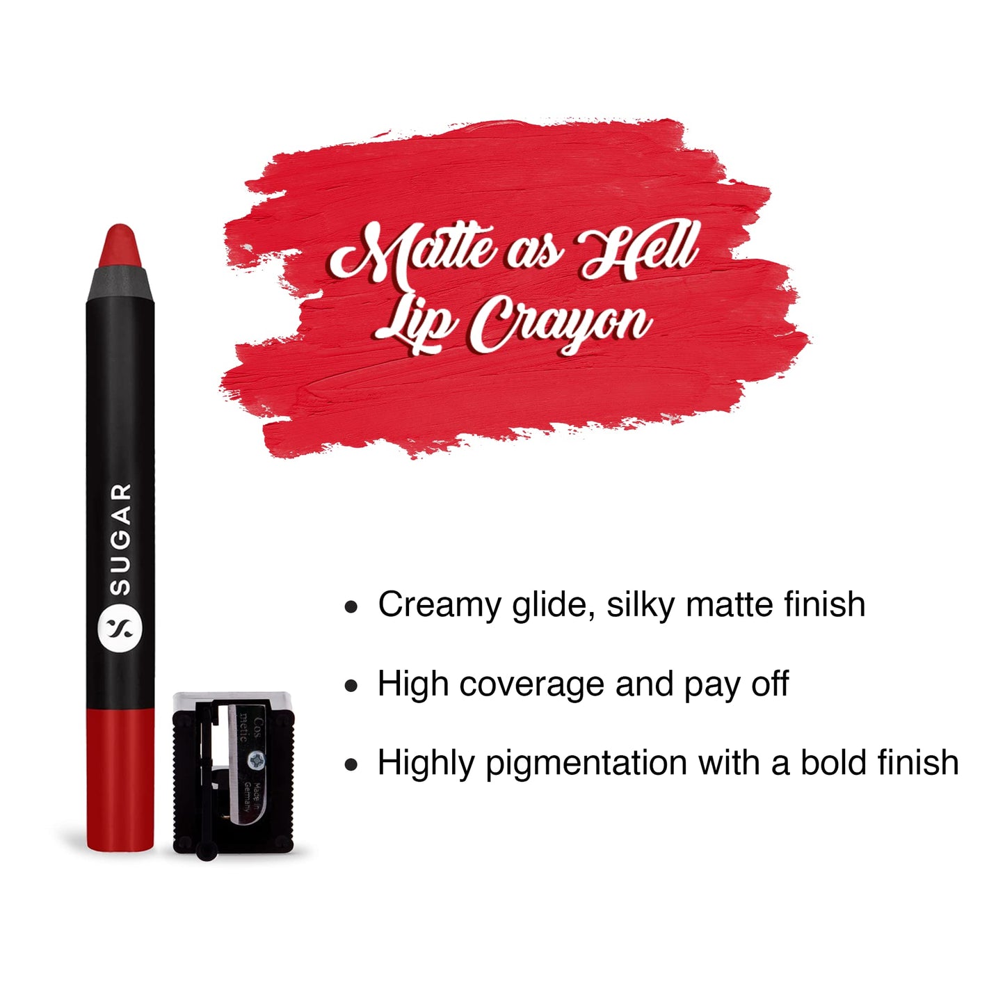 SUGAR Cosmetics Matte As Hell Crayon Lipstick33 Pepper Anderson (Orangey red) with SharpenerHighly pigmented, Creamy Texture, Long lasting Matte Finish