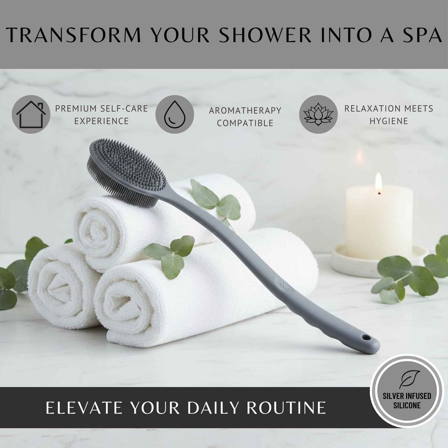 Silver Infused Long Handle Back Scrubber - 19 inch Premium Extended Reach Body Brush - Avilana Advanced Material Bath Tool Easy Grip - Luxury Body Wash Brush Gift