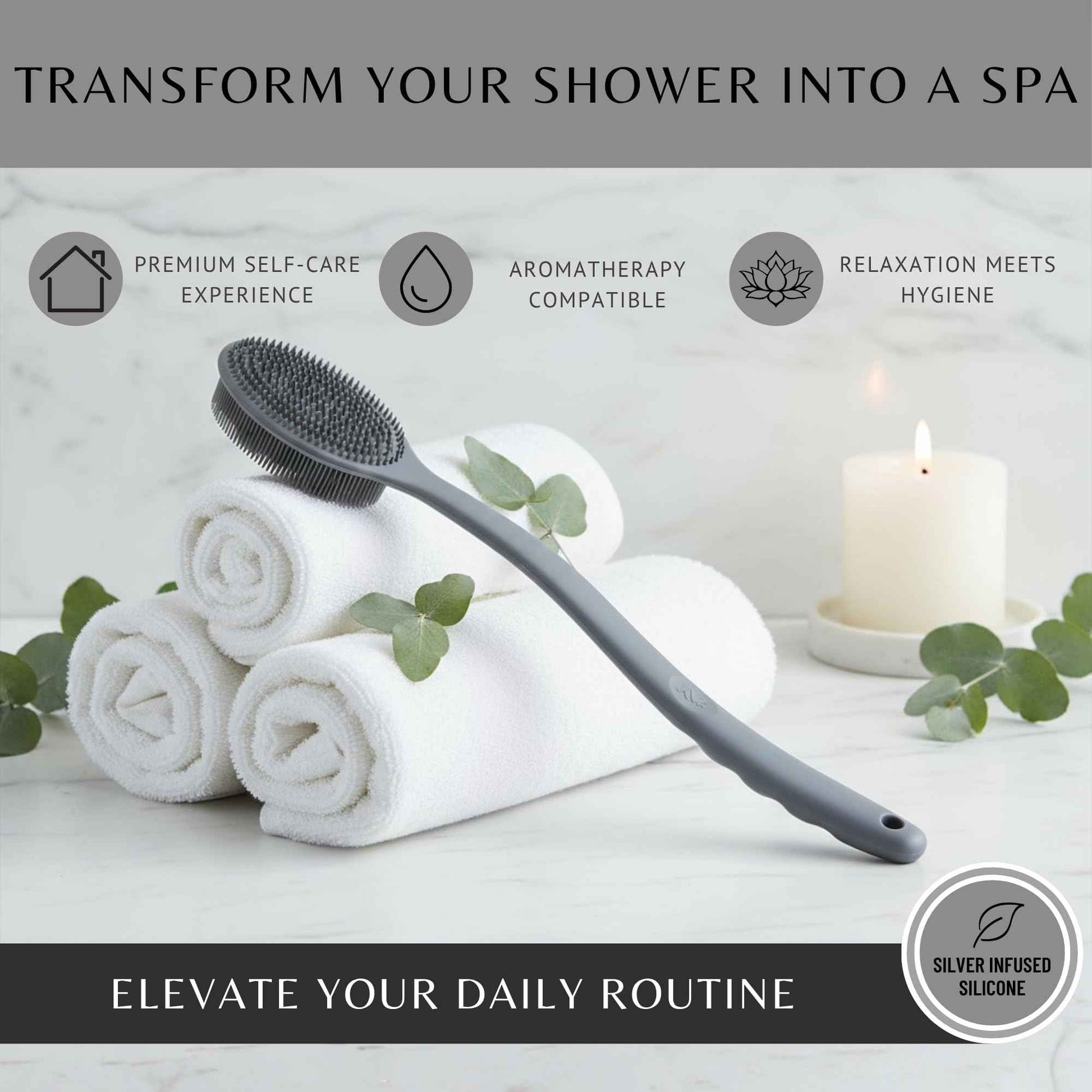 Silver Infused Long Handle Back Scrubber - 19 inch Premium Extended Reach Body Brush - Avilana Advanced Material Bath Tool Easy Grip - Luxury Body Wash Brush Gift