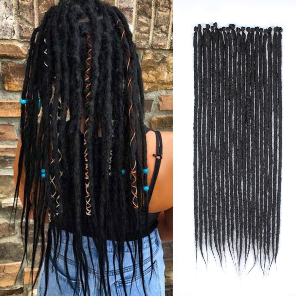 Pouweney 20 Strands Thick Dreadlock Extensions, 24Inch Straight Black Synthetic Crochet Dreads Extensions Hip Hop Style For Women and Man(1cm Width)