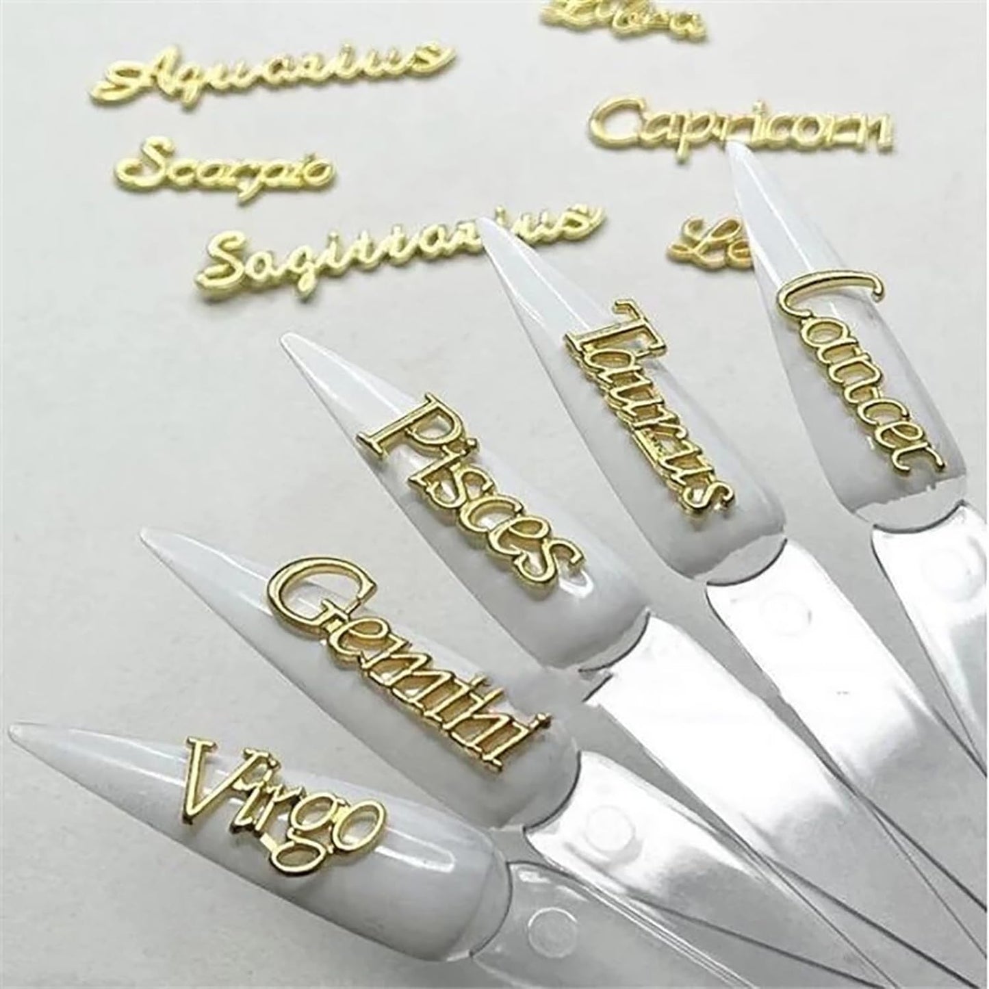 DANNEASY 48pcs Zodiac Nail Charms 3D Gold Silver Zodiac Signs Nail Letters Flat-back Nail Rhinestones Diamond Charms for Nails Hollow Nail Studs Alloy Nail Jewels Nail Art Decoration