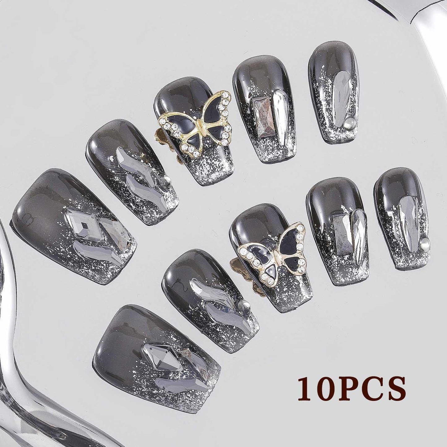 Sethexy Black Rhinestone Handmade Fake Nail Medium Coffin False Nails Crystal Acrylic Glossy Press on Nail Salon Nails Metallic for Women and Girls 10PCS (F)