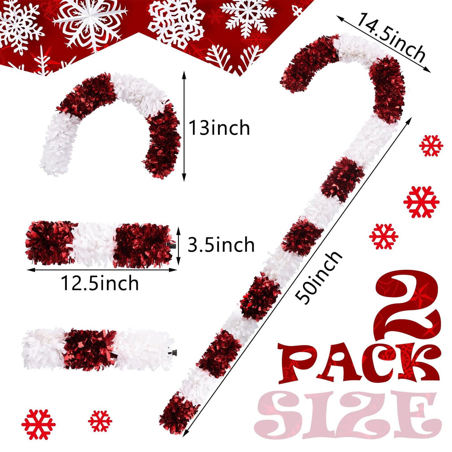 Yinder 2 Pcs Candy Cane Christmas Decorations 14 x 50 Inch Red and White Tinsel Giant Candy Cane Hanging Candy Cane Decor Candy Cane Stick for Xmas Party DIY Holiday Outdoor Indoor Supplies