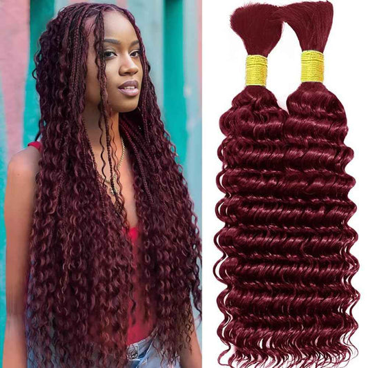 Ubinica Burgundy Deep Wave Braiding Human Hair 2 Bundles Total 100g 24 Inch Deep Wave Bulk Braiding Hair for Boho Braids