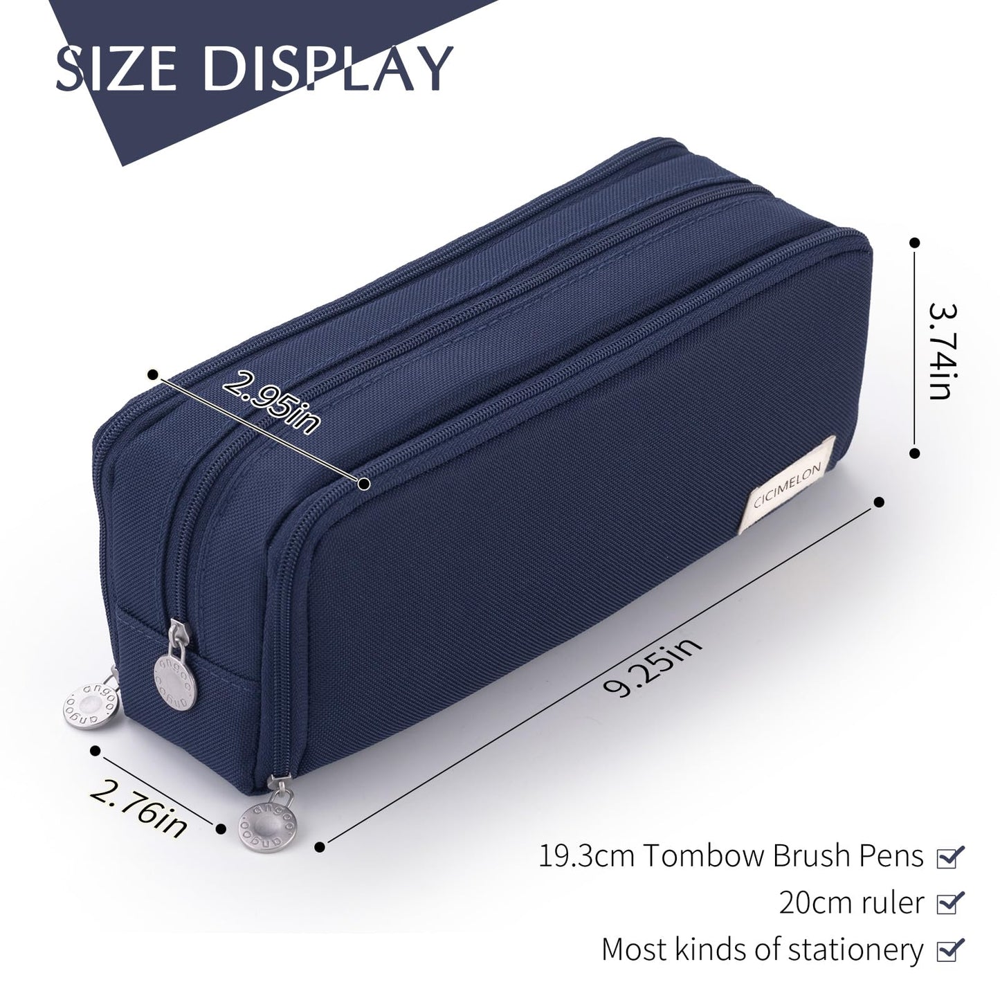 CICIMELON Large Capacity Pencil Case 3 Compartment Pouch Pen Bag for School Teen Girl Boy Men Women (Navy)