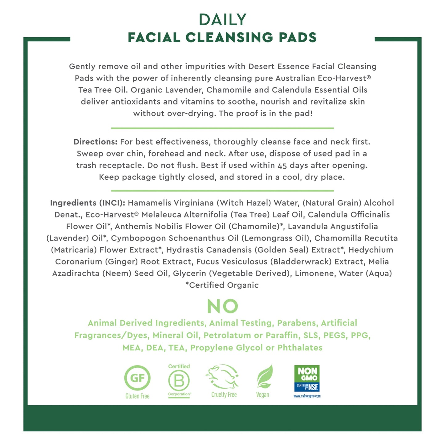 Desert Essene Daily Facial Cleansing Pads with Pure Australian Tea Tree, Witch Hazel, Calendula & Chamomile - Reduce Oil, Minimize Pores - Plant-Based Cleanser - Vegan, Non-GMO, Cruelty-Free - 50 Pads