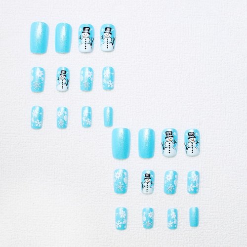 Christmas Press on Nails Short Square Blue Glitter Fake Nails with Snowflake ＆ Snowman Designs Cute Xmas Winter Acrylic Nails Full Cover False Nails Stick on Nails for Women Women Nail Art DIY 24 Pcs