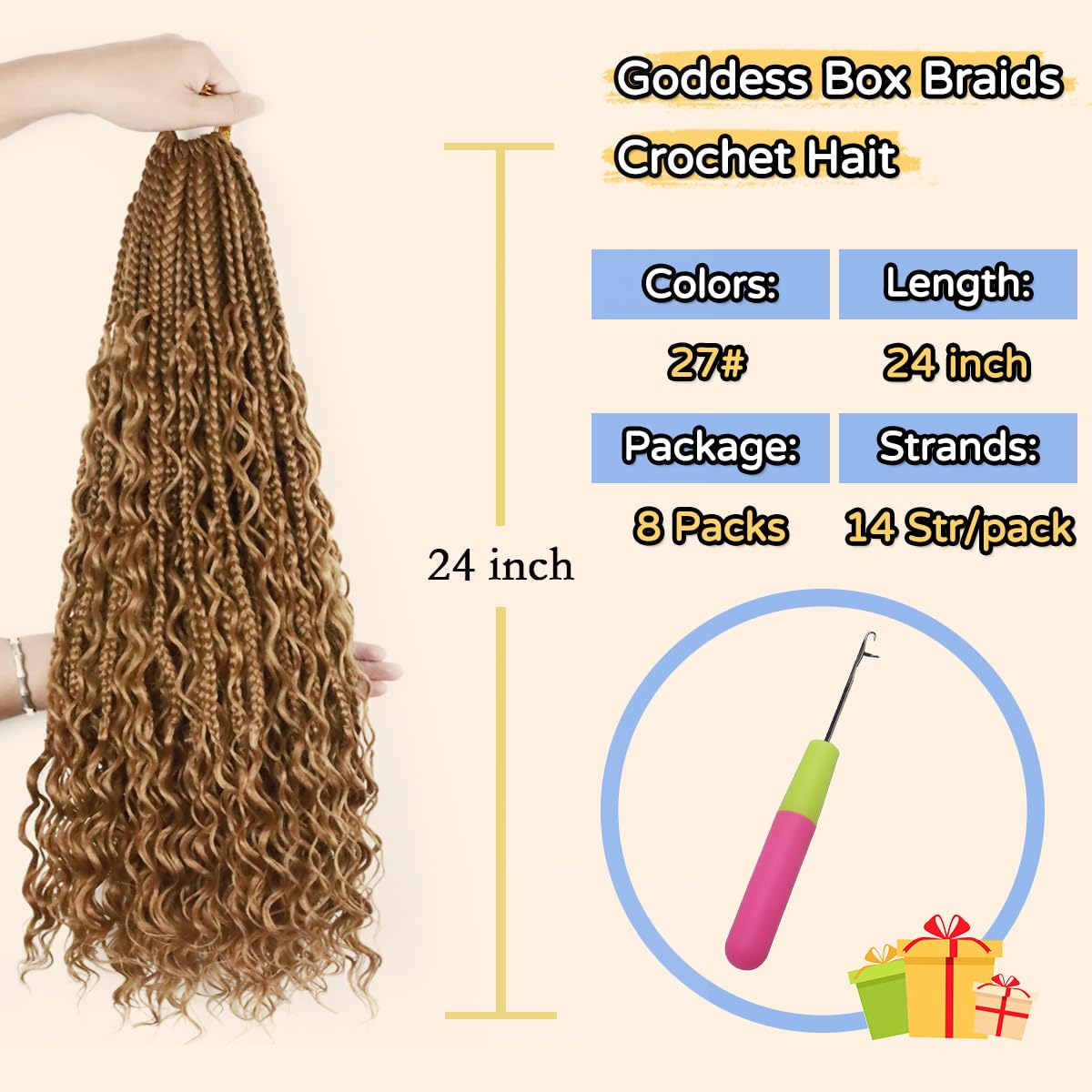 Goddess Box Braids Crochet Hair 24 Inch 8 Packs Bohemian Pre-looped Box Braids Crochet Braiding Hair Extensions Boho Crochet Box Braids with Curly Ends 27#