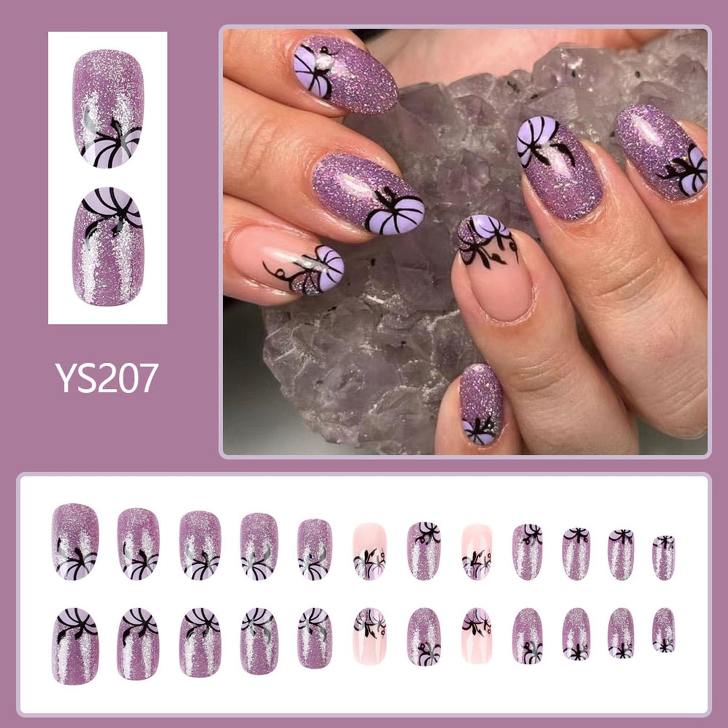 Halloween Press on Nails Short Oval Purple Glitter Fake Nails with Pumpkin Designs French Glue on Nails Glitter False Nails Press ons Glossy Acrylic Stick on Nails for Women Girls 24 Pcs