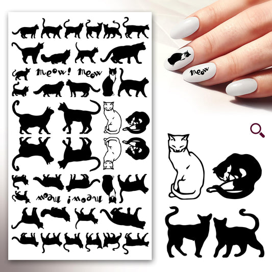 Nail Stickers Decals (5 Sheets) FLONZNAIL Black Cats Silhouettes Nail Decor Transfer Vintage Styled Stickers