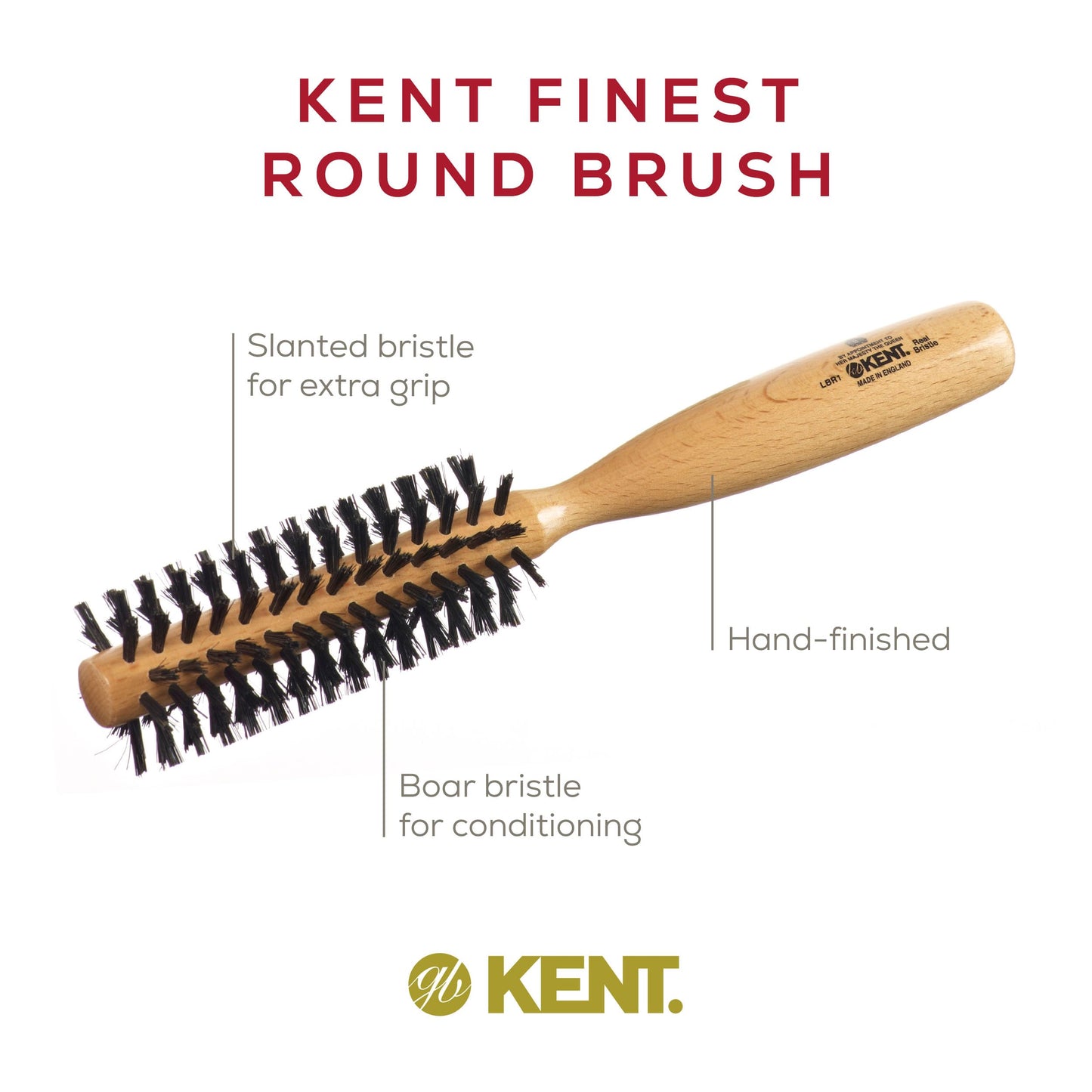 Kent LBR1 Finest Hair Brushes for Women Blow Dry Brush Made of Beechwood -Spiral Radial Boar Bristle Hairbrush for Short or Shaped Hair - Royal Salon Style Straightening Pure Wood Brush from Kent