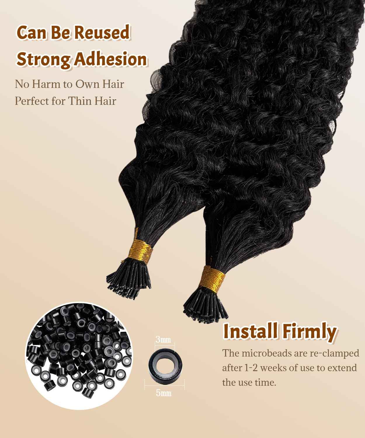 Curly I Tip Hair Extensions Human Hair Water Wave Cold Fusion Itip Flawless Microlinks Hair Extensions Invisible Blends Naturally Individual Strands for Black Women 50G 20Inch Black