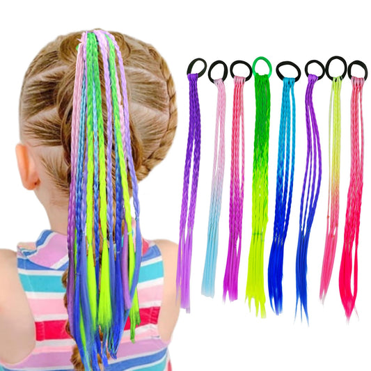 Coriario 8 Pieces Colored Braids Hair Extensions with Rubber Bands Rainbow Ponytails Braided Colorful Hair Extension for Kids Crazy Hair Day Accessories for Kids Hair Extensions for Girls