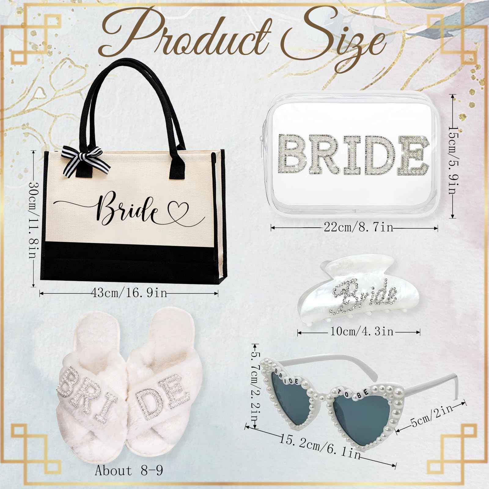 Ldmfcpa 5Pcs Bridal Shower Gifts Set with Bride Bag Cosmetic Bag Sunglasses Slippers Hair Clip, Suitable for Bridal Shower, Weddings, Bachelorette Gifts for Bride, Bride Gift Set