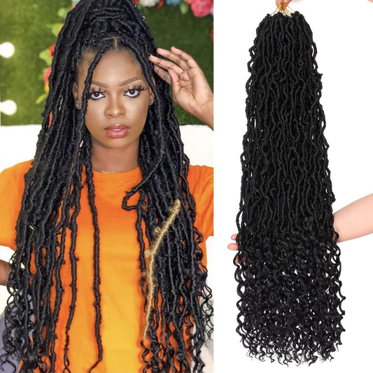 Leeven 30 Inch Long Bohemian Goddess Locs Crochet Hair 7 Packs Natural Black Soft Faux Locs Crochet Hair With Curly Ends 1B# Synthetic Wavy Crochet Locs With Curls for Black Women 84 Strands