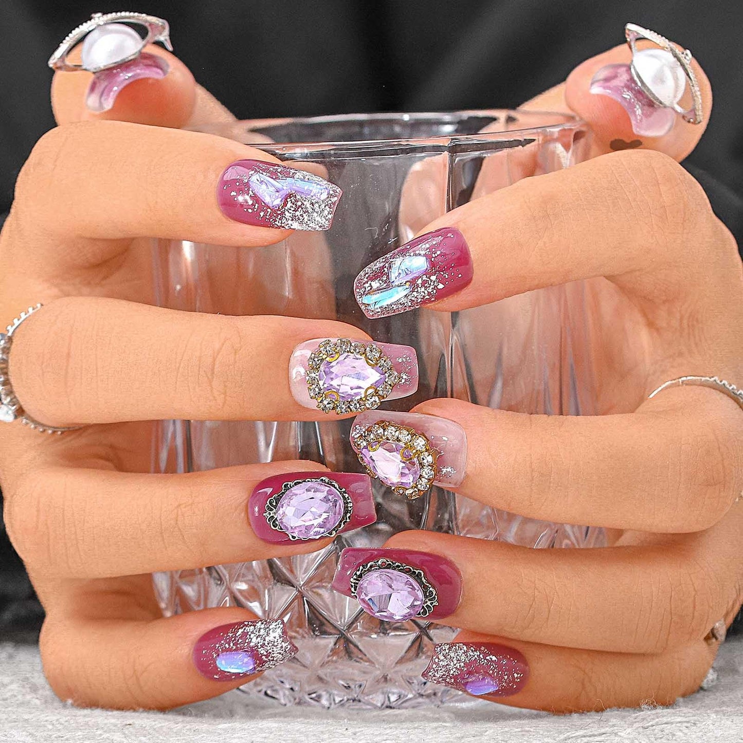 Sethexy Luxury Purple Rhinestone Handmade Fake Nail 3D Crystal Medium Coffin False Nails Aurora Glitter Press on Nail Salon Nails Metallic for Women and Girls 10PCS(E)