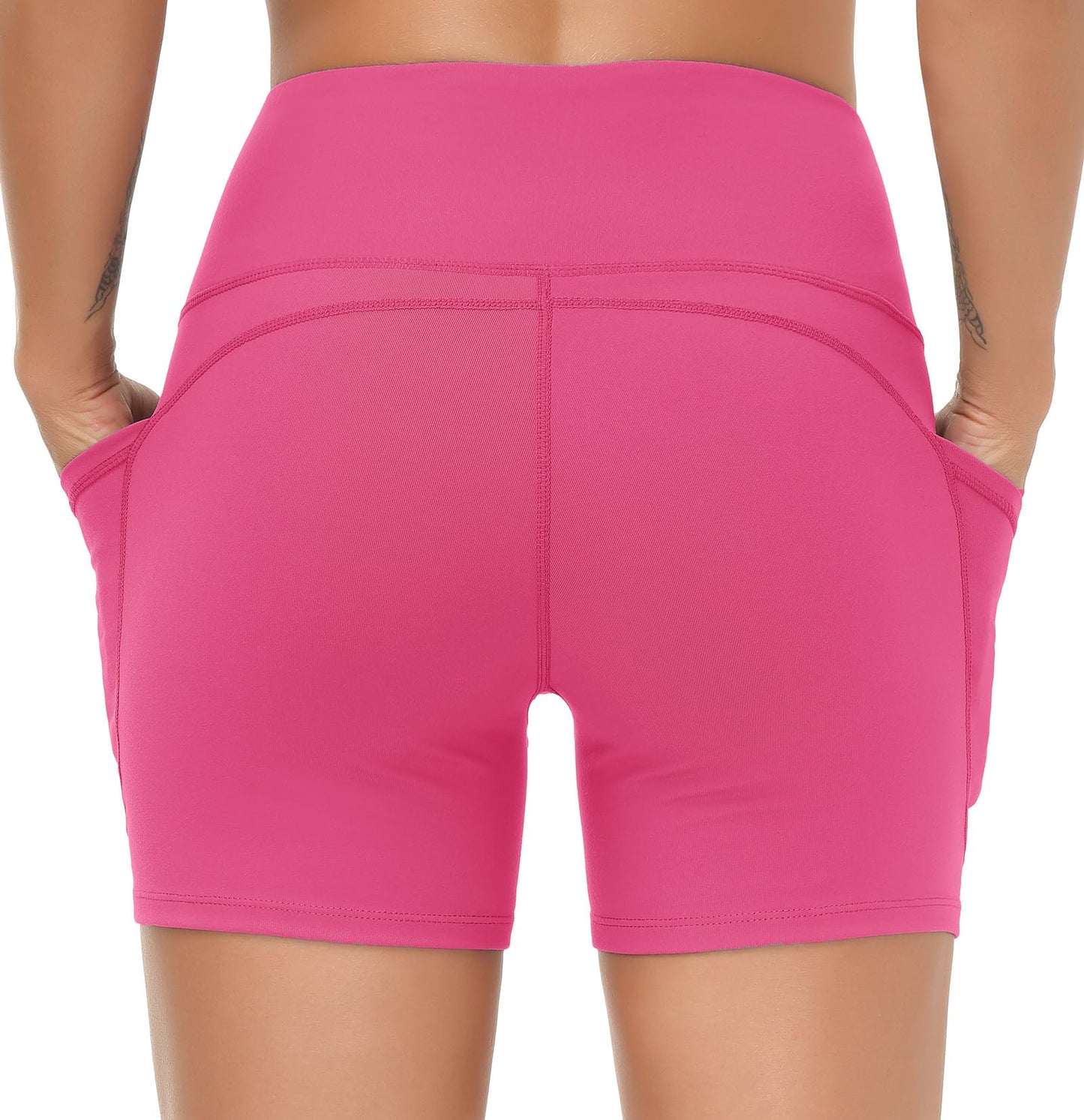 THE GYM PEOPLE High Waist Yoga Shorts for Women's Tummy Control Fitness Athletic Workout Running Shorts with Deep Pockets Bright Pink