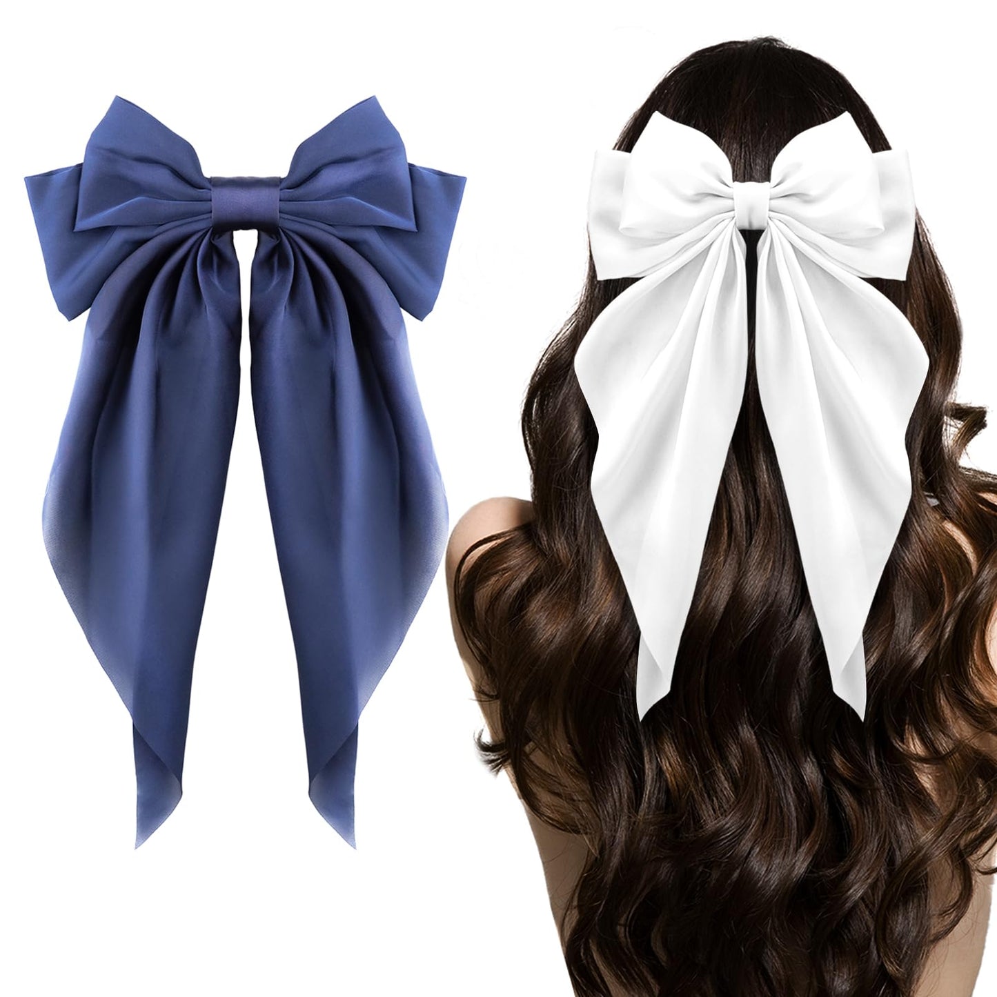 Ambesi Hair Clip, Big Bow 2pcs, Long Tail French Hair Bows for Women Girl, Satin Silky Bow Hair Barrette, White and Navy Blue, Dress Up Accessories for Birthday/Party/Show/Christmas/Thanksgiving