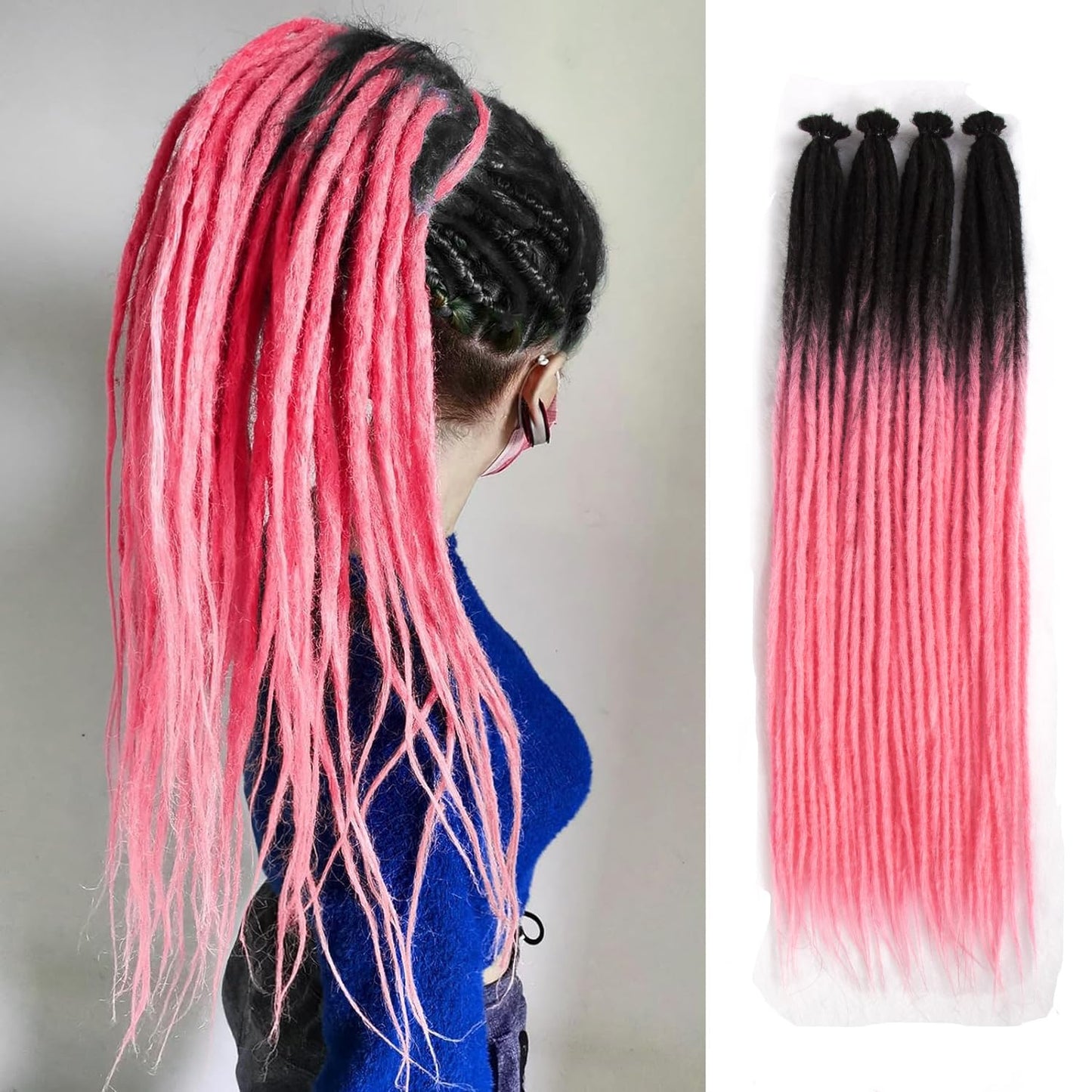 Aooffut Dreadlock Extensions, Thin 0.6cm 24" Ombre Pink 100% Handmade Synthetic Crochet Dreads Extensions Single Ended Dreads Width Reggae Style Dreadlock for Girls