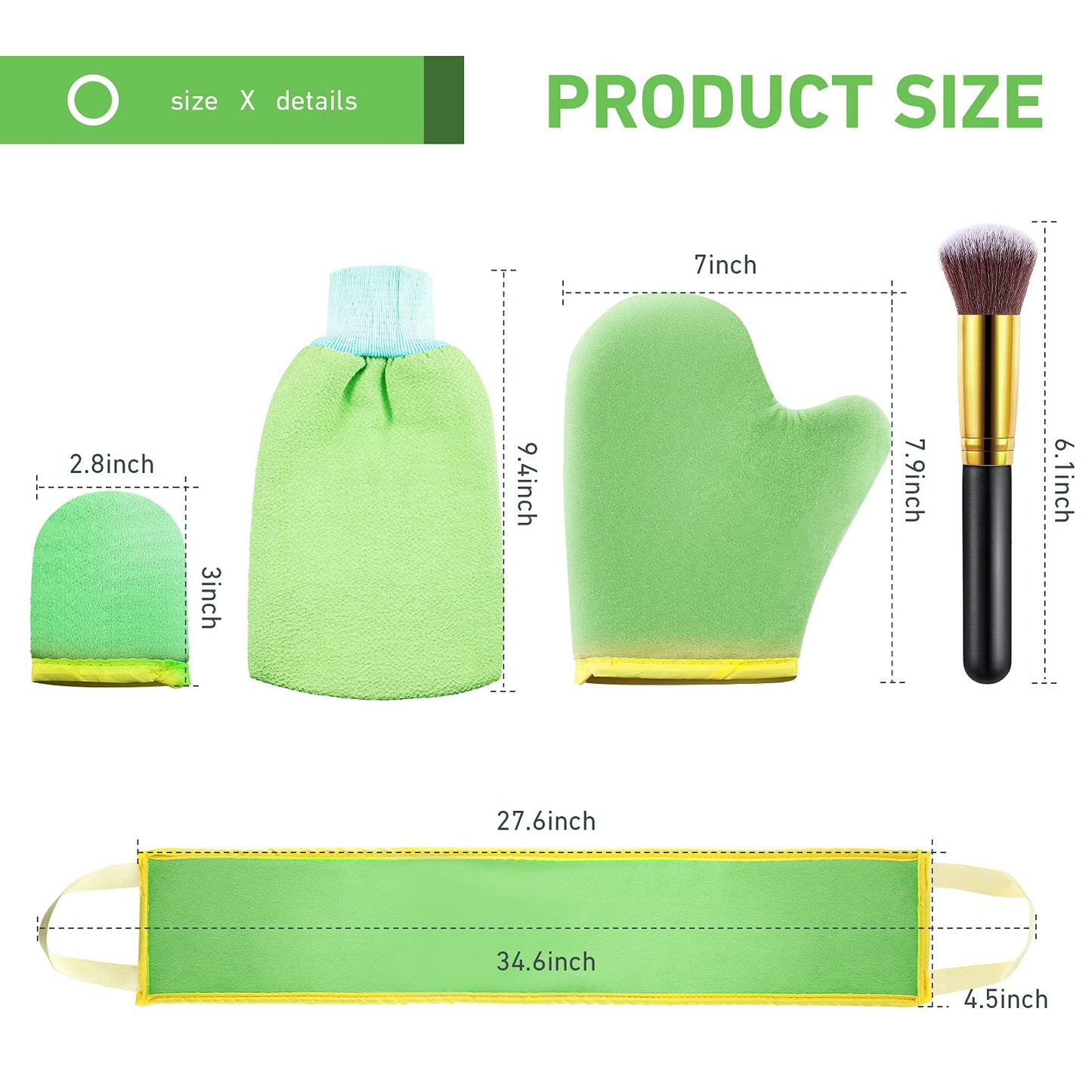 5 Pieces Self Tanning Mitt Applicator Kit, Includes Exfoliating Glove, Tanning Mitt, Mini Face Mitt, Back Lotion Applicator with Self Tanner Brush Large Flat Top Makeup Brush (Green)