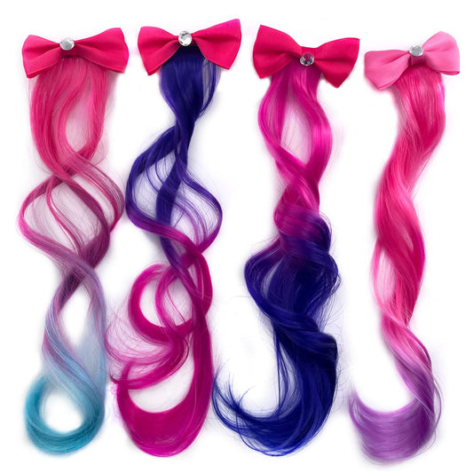 Amerla Cute Pink Red Hair Bow Clips with Colored Curly Hair Extensions Ponytail Unicorn Mermaid Fake Hair Streaks Accessories for Girls 4 Pack