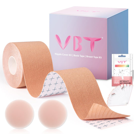 VBT Boob Tape - Breast Lift Tape, Body Tape for Breast Lift w 2 Pcs Silicone Breast Reusable Adhesive Bra, Bob Tape for Large Breasts A-G Cup, Nude