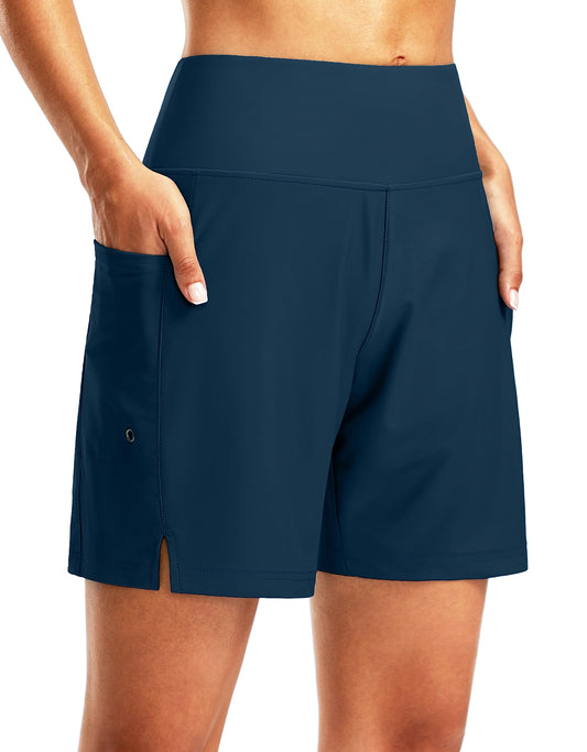 G Gradual Women's 7" Long Swim Board Shorts High Waisted Quick Dry Beach Swimming Shorts for Women with Liner Pockets(Dark Blue,S)