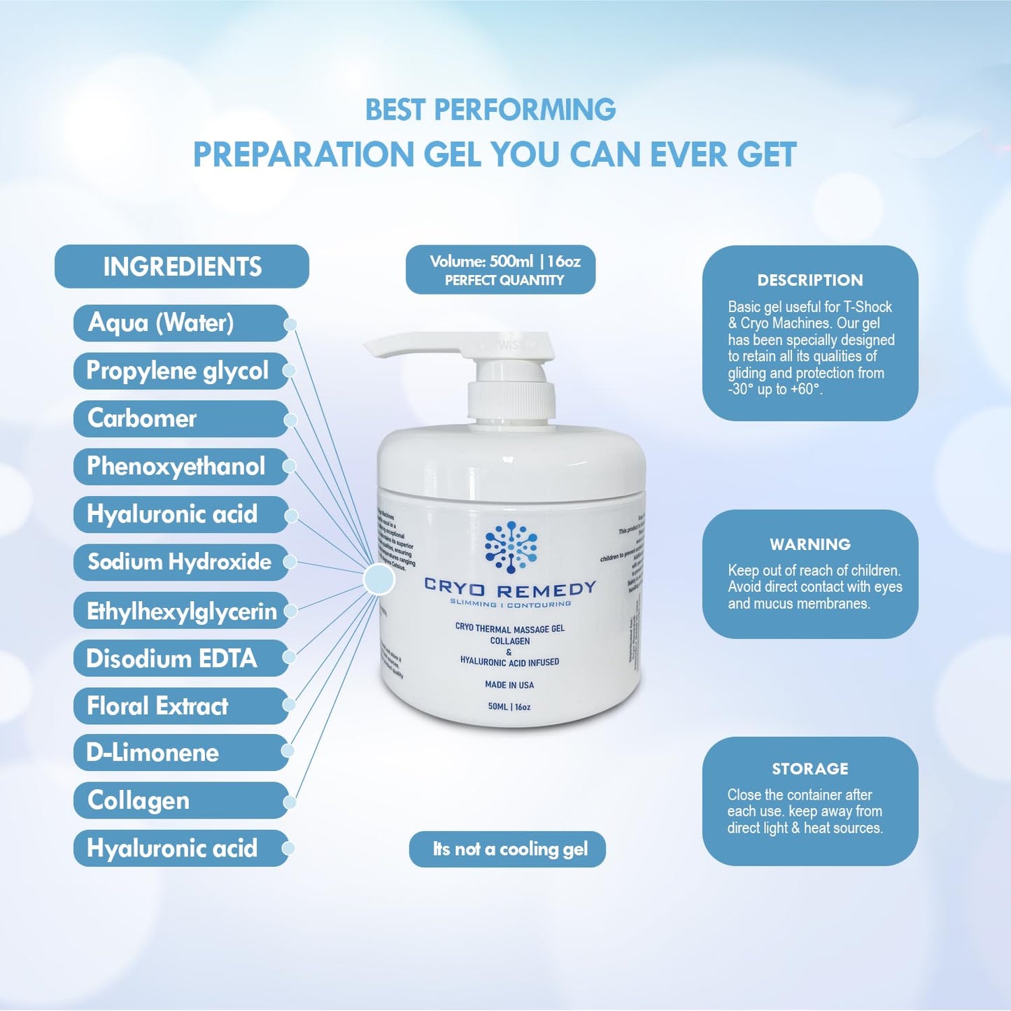 Cryo Preparation Gel - Conductive Gel for use with RF Facial Firming, Reducing Cellulite, Toning and Slimming Machines - 16Oz 500ml