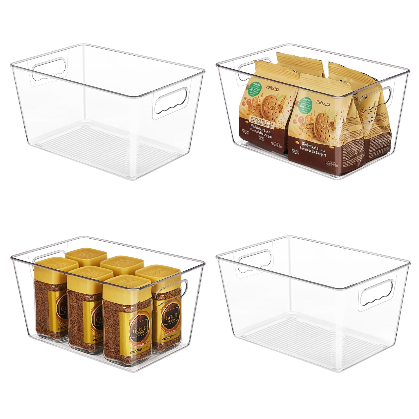 YIHONG Clear Plastic Storage Bins, 4 Pack Pantry Organizer Bins with Handle for Kitchen, Freezer,Cabinet,Closet Organization and Storage