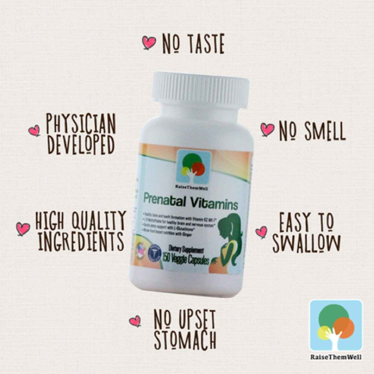Raise Them Well Prenatal Multivitamin with Methylfolate, K2 MK-7, Glutathione & Iron, Physician Developed, Non-GMO, Supports Healthy Pregnancy, Brain & Bone Development, 150 Veggie Capsules