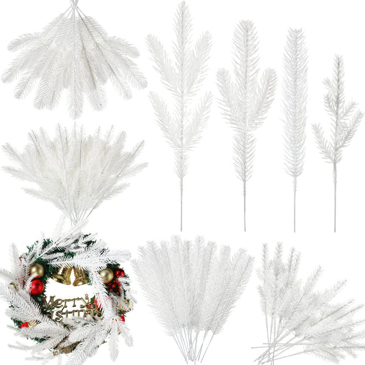 Syhood Christmas Artificial Pine Branches 4 Styles Pine Needles Faux Pine Tree Branches Garland Fake Greenery Picks for Mantle Garland Indoor Home Xmas Holiday Wall Decor(White, 60 Pieces)