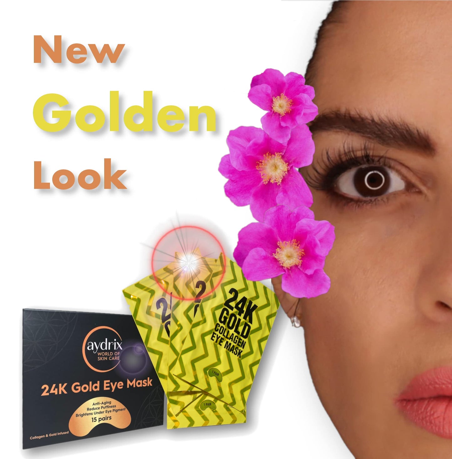 Aydrix 24K Gold Under Eye Mask Treatment - Corrects Puffy Eyes, Dark Circles - Reduces Wrinkles, Fine Lines and Hydrates Your Skin - 15 Golden Eye Mask Pairs