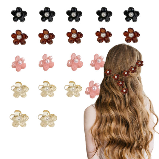 20 PCs Mini Crystal Claw Hair Clips for Short, Thick, or Thin Hair - Pearl Flower Accessories for Toddler Girls and Women