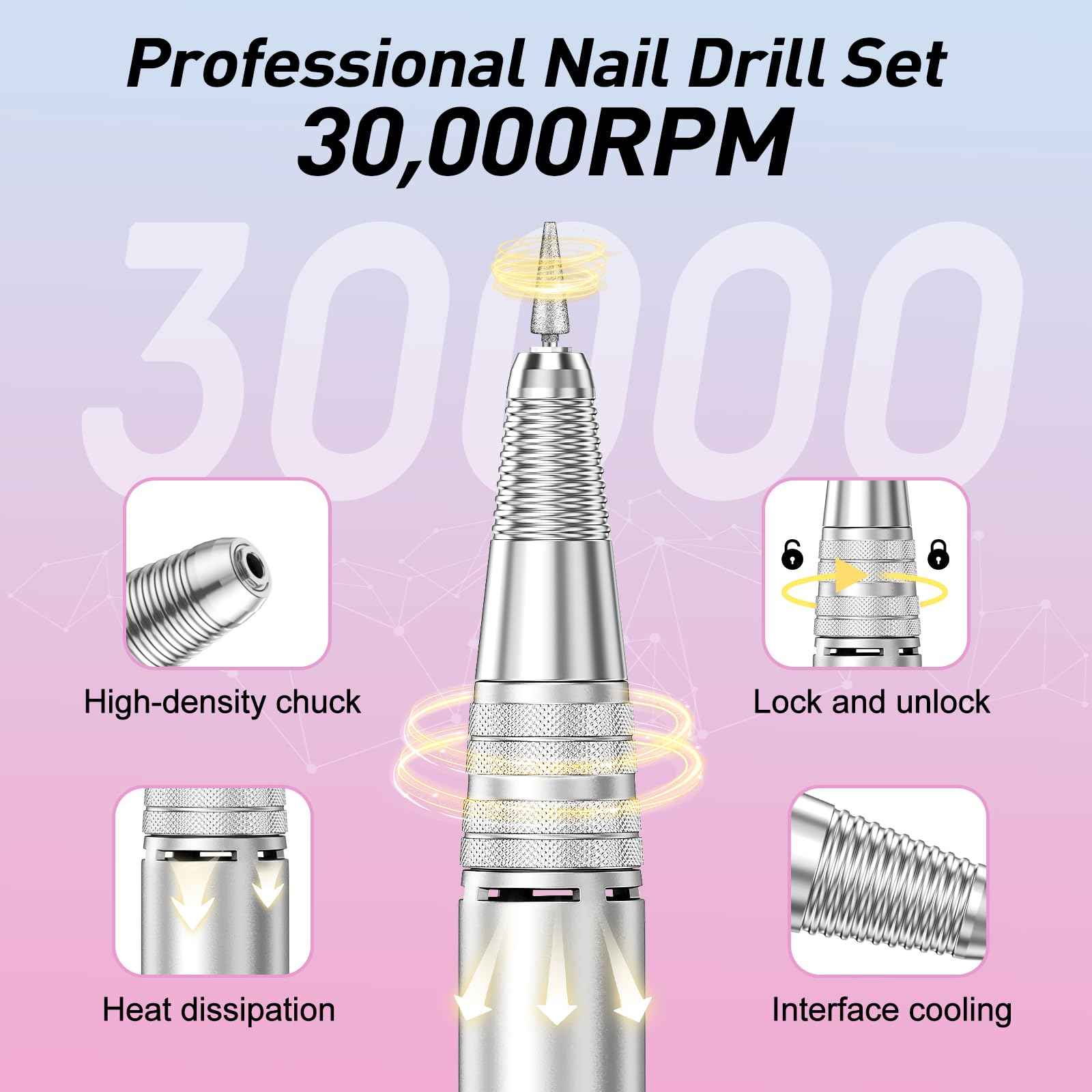 Jiasheng Electric Nail Drill, 30000rpm Professional Nail Drill Machine, Compact Electrical Nail File Kit for Acrylic Gel Nails Efile Drill for Manicure and Pedicure Salon Use White