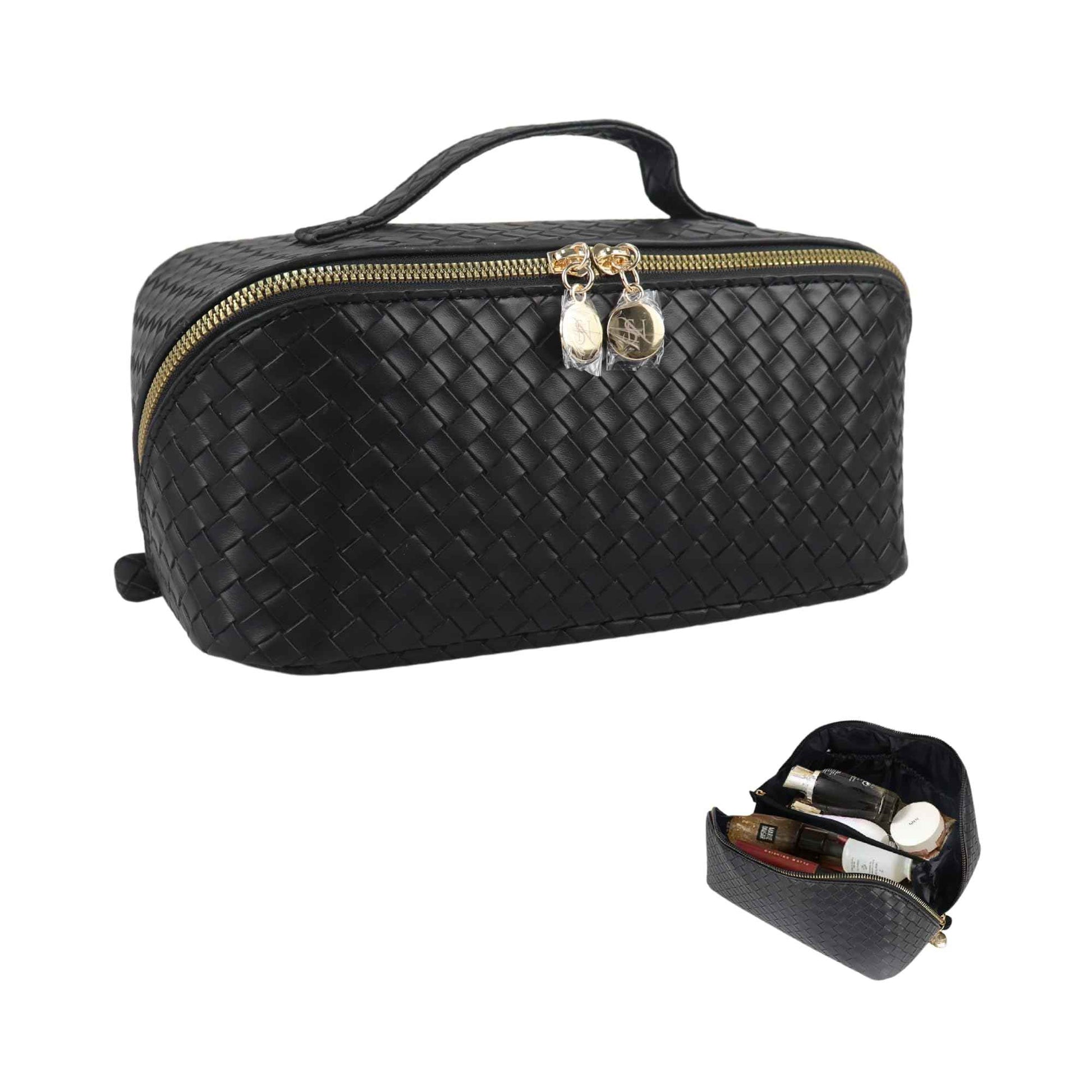 Large Capacity PU Leather Makeup Bag Organizer – Waterproof Travel Cosmetic Bag with Divider, Open Flat Design, Toiletry Bag for Women (Checkered Black)