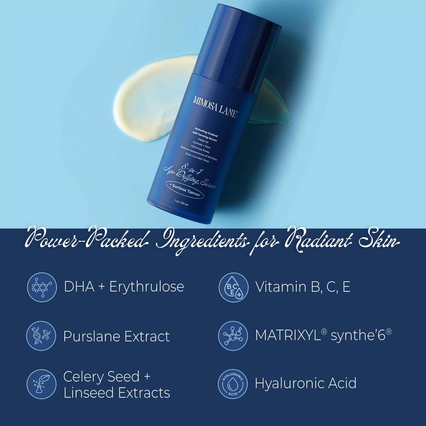 Mimosa Lane 8-in-1 Age Defying Serum REFILL, Hydrating Gradual Self-Tanning for Face, with Anti-Aging Hyaluronic Acid and Vitamin B, C, E, Sunless Tanner, Fragrance-Free, Vegan, 1 oz, Dark