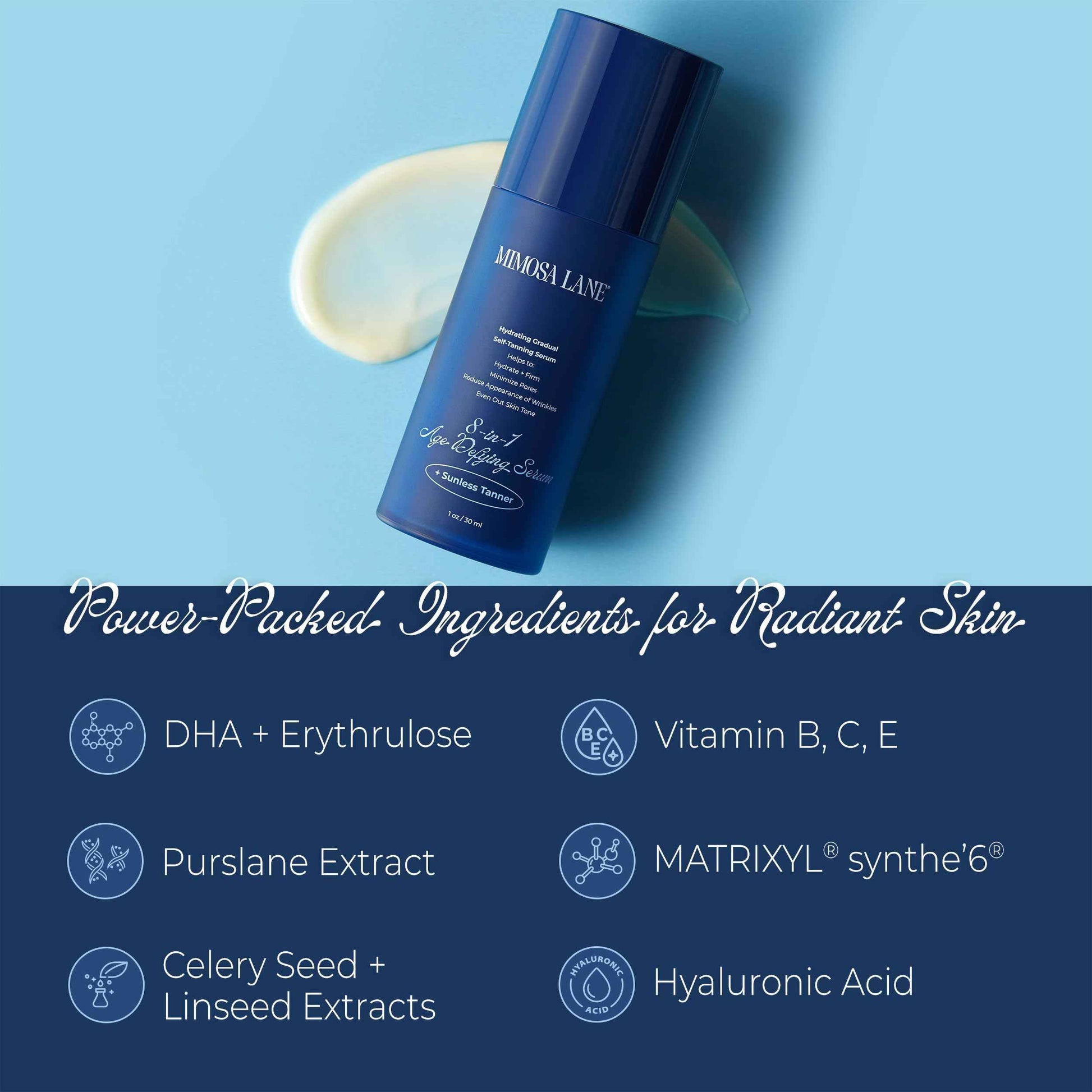 Mimosa Lane 8-in-1 Age Defying Serum REFILL, Hydrating Gradual Self-Tanning for Face, with Anti-Aging Hyaluronic Acid and Vitamin B, C, E, Sunless Tanner, Fragrance-Free, Vegan, 1 oz, Dark