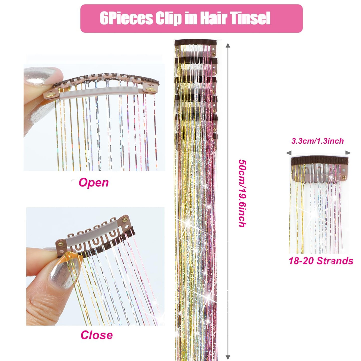 Hair Tinsel Kit 1000 Strands and 6 Pcs Clip in Hair Tinsel Glitter Tinsel Hair Extensions Heat Resistant Sparkling Fairy Hair Accessories for Kids Women Girls (Galaxy)