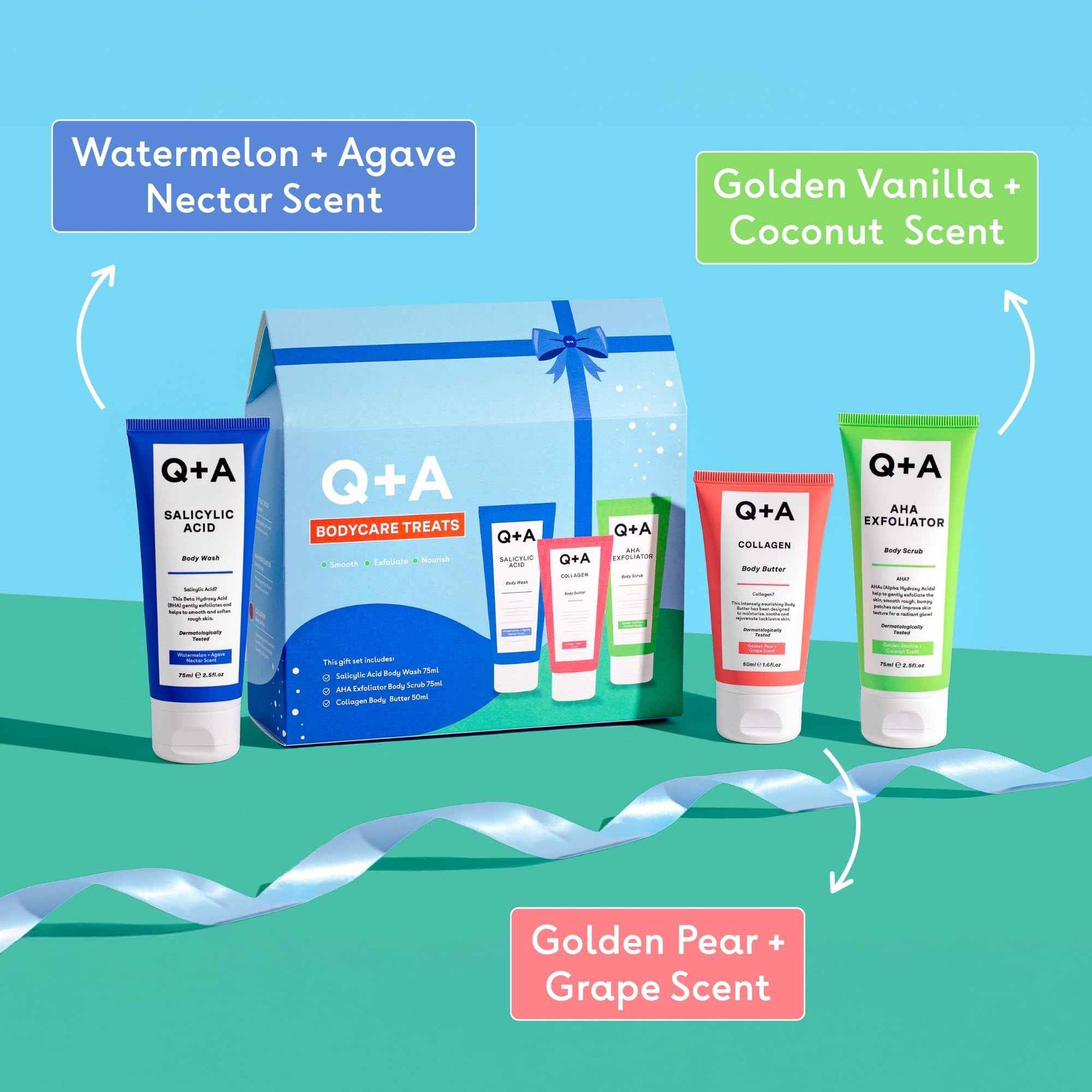 Q+A Bodycare Treats Gift Set, 3-Step Routine for Smooth, Soft Skin, Salicylic Acid Body Wash (75ml), AHA Body Scrub (75ml) & Collagen Body Butter (50ml), Stocking Stuffers and Travel Size Toiletries