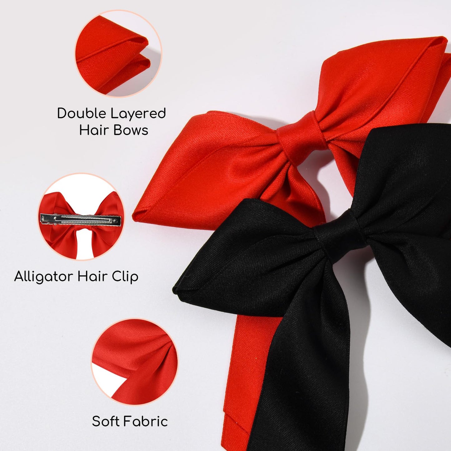 DEEKA 2 PCS Hair Bows Hair Ribbon Clips for Women 6" Black Red Double-layered Hair bows Matte Satin Bowknot Long Tail Hair Accessories for Women Girls (Red, Black)